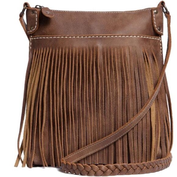 Roots The Hippie Tribe Leather Boho Tassel Braided Strap Vintage Crossbody Bag - Picture 2 of 15